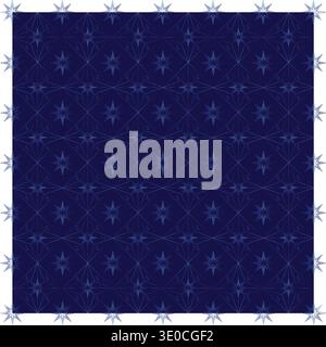 Seamless Islamic star pattern with intricate geometric lines and crescent accents on dark blue background, decorative Ramadan textile design Stock Vector
