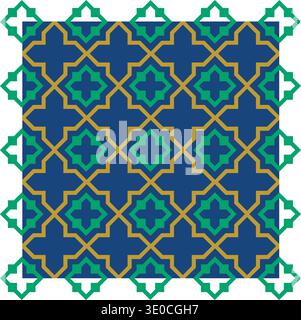 Seamless Islamic geometric pattern with gold lattice crosses and green accents on deep blue background, repeating decorative tile design Stock Vector