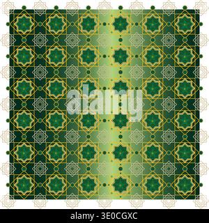 Seamless Islamic geometric tile pattern featuring green stars, gold framework, and crescent details, elegant Ramadan decorative background Stock Vector