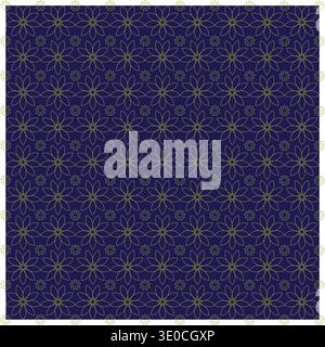 Seamless floral geometric pattern with golden line flowers on deep blue background, elegant Islamic-inspired decorative vector design Stock Vector