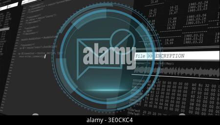 Projecting teal HUD with envelope badge glowing on security monitor, showing File  ENCRYPTION Stock Photo