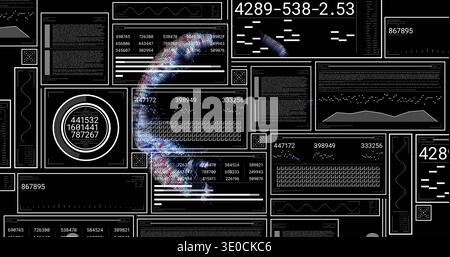 Displaying glowing vertical ribbon weaving through panels onscreen console, with gauge Stock Photo