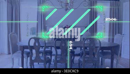 Displaying wooden dining table with six carved chairs in home dining, mantel flowers, HUD 2506 694 Stock Photo