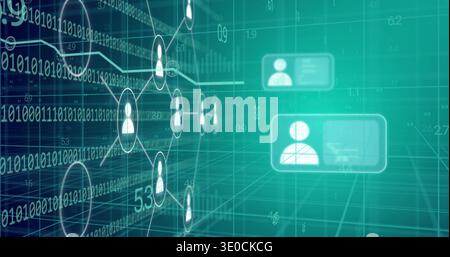 Displaying central cluster of avatar nodes connecting with arcs over 3D grid, showing binary digits Stock Photo