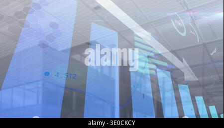 Displaying blue chart hovering over office windows with 3D bars, line, numeric labels, upward arrow Stock Photo