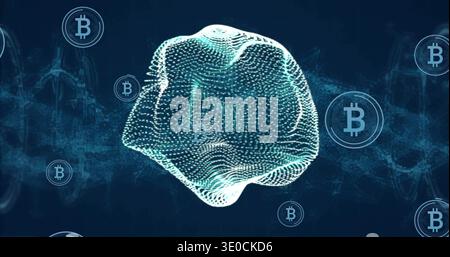 Glowing central 3D point-cloud mesh undulating and rotating in virtual network, with Bitcoin tokens Stock Photo