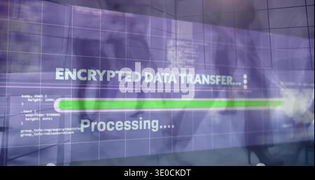 Projecting encrypted graphic on glass at office showing green progress bar, staff wearing jackets Stock Photo