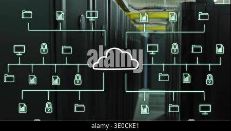 Projecting central cloud icon radiating neon-green lines across server room racks and yellow cables Stock Photo