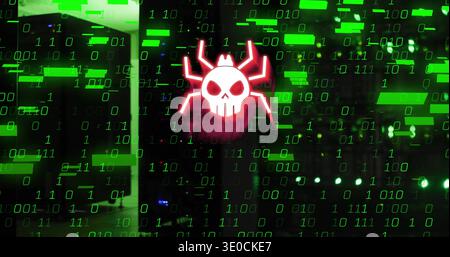 Glowing red skull-spider icon hovering over server racks with green binary code, magenta glow, LEDs Stock Photo