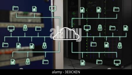 Displaying central white cloud overlay spanning server room racks, with teal lines, padlock icons Stock Photo