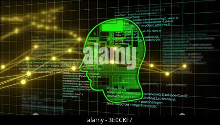 Glowing neon-green head silhouette pulsing with circuit traces in virtual grid, with floating code Stock Photo