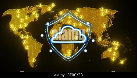 Protecting neon-blue shield holding cloud icon hovering over golden world map, linking user icons Stock Photo