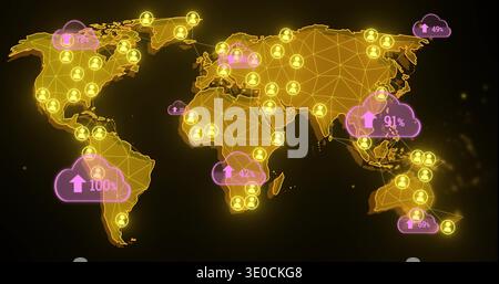 Displaying glowing world map on dashboard with tri mesh, lit lines, yellow avatars, pink widgets Stock Photo