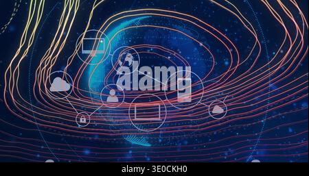 Displaying stylized dotted globe linking nodes in cybersphere, with cloud padlock laptop icons Stock Photo