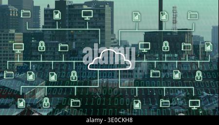 Floating white cloud icon glowing above urban roofs skyline, showing folders, locks, binary digits Stock Photo