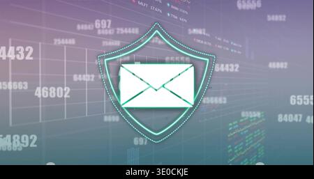 Floating envelope icon glowing in shield emblem over virtual UI showing grid chart data markers Stock Photo