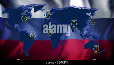 Displaying dark-blue map centered over Russian flag, showing yellow-clock icons with city times Stock Photo
