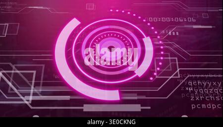 Displaying glowing magenta concentric HUD floating in holographic interface, with segmented arcs Stock Photo