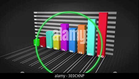 Displaying grouped 3D bar chart on dark grid floor, showing numeric labels and neon green ring Stock Photo