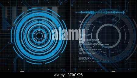 Displaying left cyan ringed HUD on grid with right grey HUD, code, divider, waveform, copy space Stock Photo
