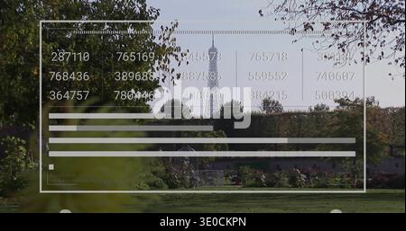 Displaying semi-transparent overlay showing numeric columns and bars over park with lattice tower Stock Photo