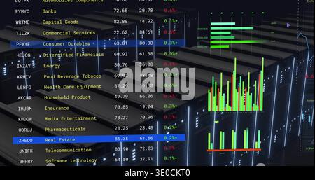 Projecting server racks displaying financial dashboard across data center floor, showing LED lights Stock Photo