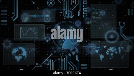 Displaying central radar HUD sweeping over command center grid, with faint blips and circuit traces Stock Photo