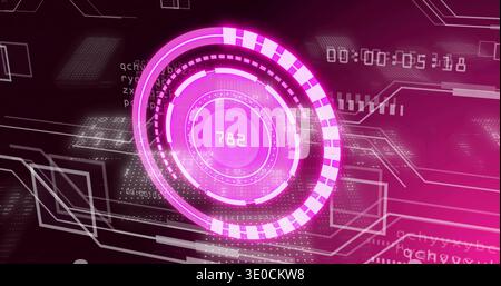 Displaying central HUD ring glowing magenta on dark GUI with wireframe, showing 782 and 00:00:05:18 Stock Photo