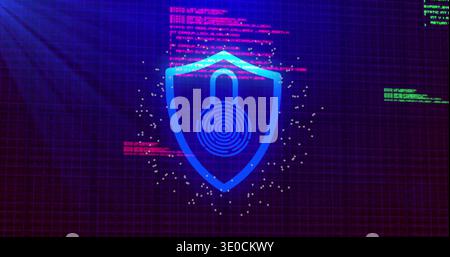 Glowing neon-blue shield hovering over purple grid, showing padlock fingerprint, magenta streaks Stock Photo