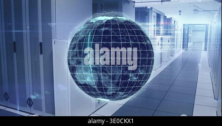Floating holographic globe hovering above raised floor in data center aisle, with server racks Stock Photo