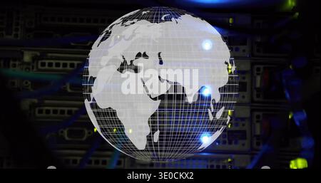 Rotating holographic globe showing Africa Europe Asia in data center with glowing nodes, cables Stock Photo