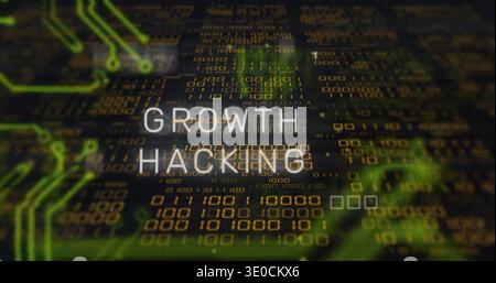 Displaying text reading GROWTH HACKING floating over digital circuit board, with gold binary digits Stock Photo