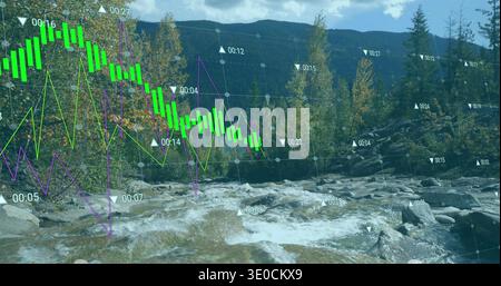 Flowing rocky stream moving over boulders in forest valley, showing green candlesticks and grid Stock Photo