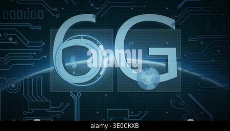 Displaying large 6G element with circular HUD and partial globe on tech UI, showing PCB traces Stock Photo