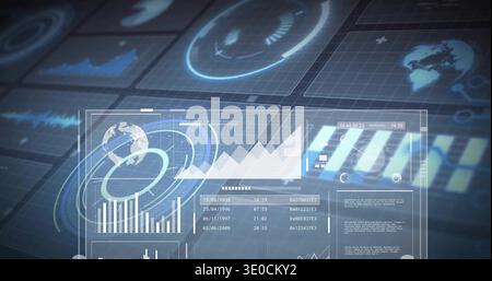 Displaying holographic dashboard at virtual control center, showing mountain chart and hex readouts Stock Photo
