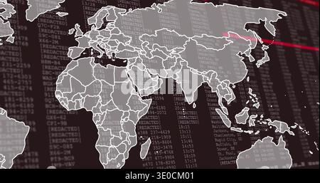 Displaying stylized world map overlay on data console, showing red scan line and [REDACTED] columns Stock Photo