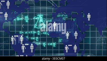 Displaying blue world map in data graphic overlaying grid with neon formulas, human and AI icons Stock Photo