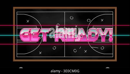 Displaying neon GET READY! covering chalkboard with court diagram, X or O markers, pink cyan streaks Stock Photo