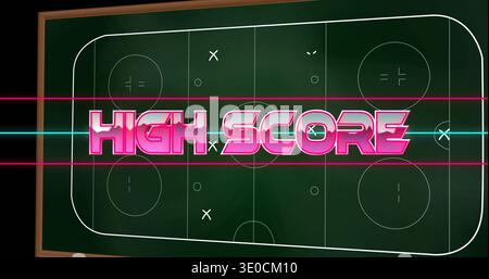 Displaying framed green tactical board hanging on dark studio wall, showing magenta-pink HIGH SCORE Stock Photo