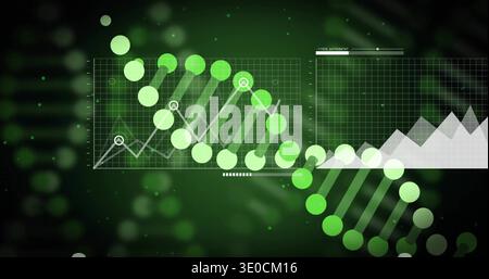 Rotating DNA helix of green nodes glowing in virtual dashboard, showing charts and HUD markers Stock Photo