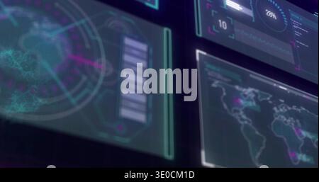 Displaying cluster of translucent HUD panels floating in command center, with 3D globe map widgets Stock Photo