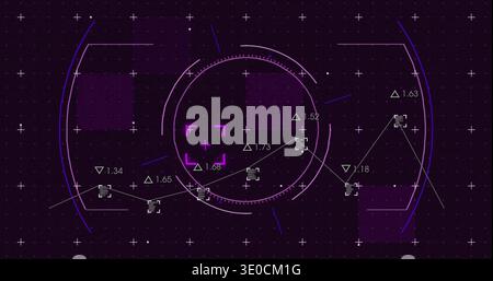Displaying central circular radar HUD element on dark purple backdrop, with magenta reticle Stock Photo