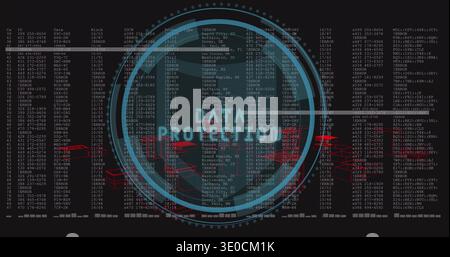 Displaying cyan HUD showing padlock on security UI with DATA PROTECTED label, logs and red nodes Stock Photo