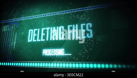 Displaying central DELETING FILES text pulsing on system console showing progress bars and scanline Stock Photo