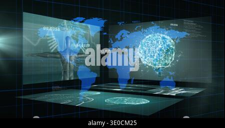 Projecting central holographic data display across virtual lab, showing world map and neural brain Stock Photo