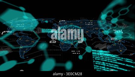 Pulsing central neural overlay floating above holographic map in virtual interface, with hex grid Stock Photo
