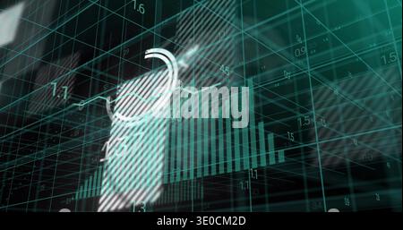 Displaying 3D analytics cluster in virtual grid, with striped panel, bars, line graph, gauge Stock Photo