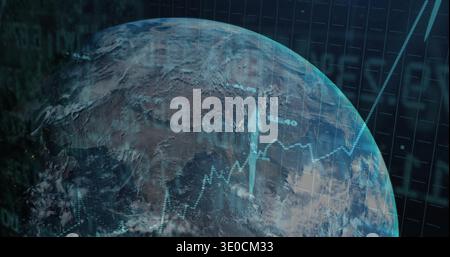 Displaying Earth globe rotating in dashboard with cyan grid charts, upward arrow, numeric labels Stock Photo