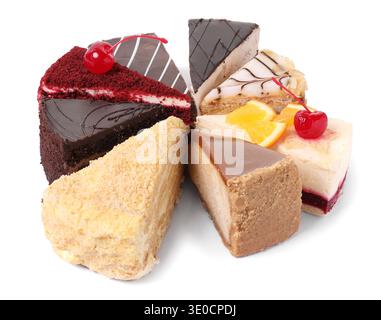 Pieces of various cakes isolated on white Stock Photo