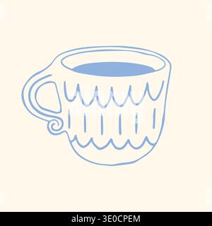 Elegant decorative ceramic coffee mug with ornamental handle. Hand drawn blue line vector in Mediterranean style. Minimal cozy drink icon for cafe Stock Vector